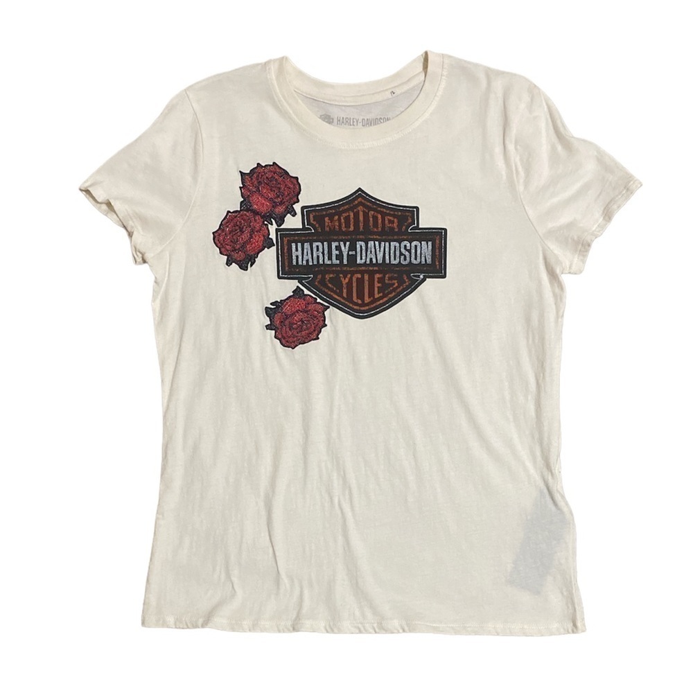 LARGE White Harley Davidson T-Shirt With Rose Patches